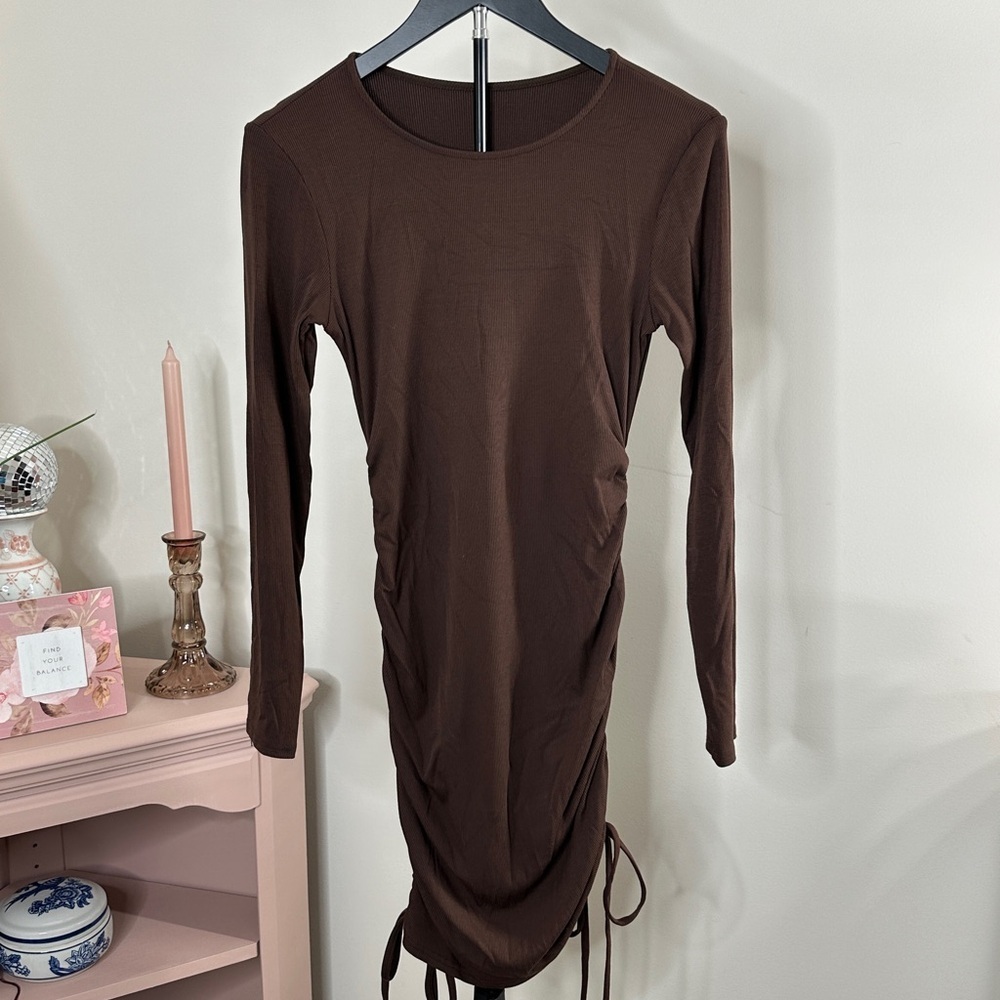 Ribbed Brown Long Sleeve Dress Ruched Tie Sides